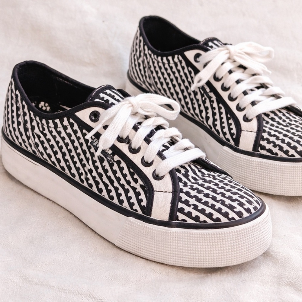 Superga x Mary Katrantzou Sneakers Black White Geometric Print Platform Lace Up